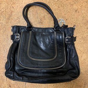 MICHAEL KORS Naomi Medium Satchel Black Leather Zippers Handbag Silver Hardware